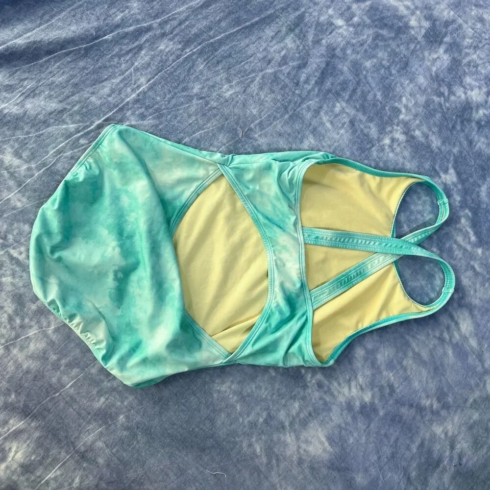 Lands’ End Girls Youth One Piece Swimming Suits Sz 12 Teal Sequins EUC